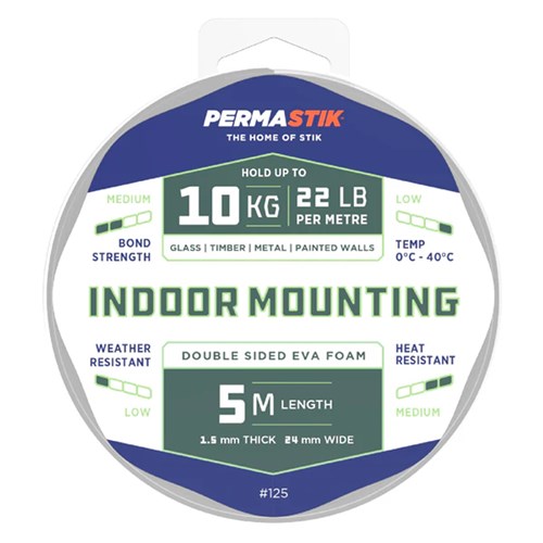 Permastik #125 Double Sided EVA Foam Tape, Indoor Mounting, 5m Length, 1.5mm Thick, 24mm Wide, Holds up to 10kg - Theodist