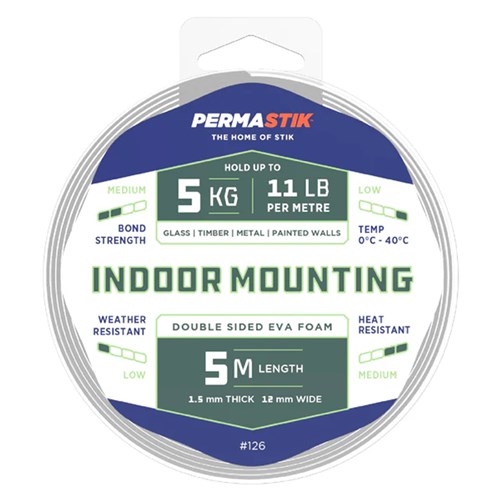 Permastik #126 Double Sided EVA Foam Tape, Indoor Mounting, 5m Length, 1.5mm Thick, 12mm Wide, Holds up to 5kg - Theodist