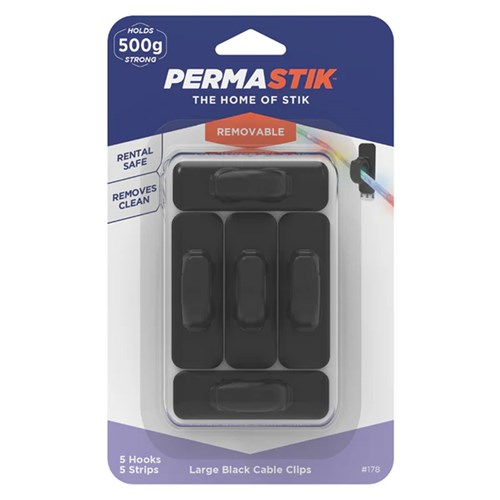 Permastik #178 Large Black Cable Clips, 5 Clips, 5 Strips, Holds 500g Strong - Theodist