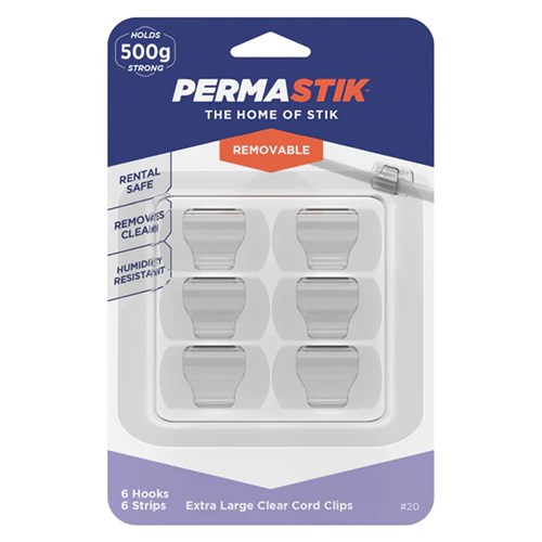 Permastik #20 Large Clear Cord Clips, 6 Hooks, 6 Strips, Holds 500g Strong - Theodist