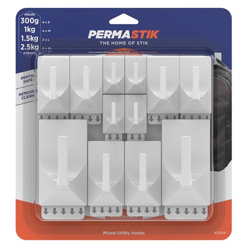 Permastik #2504 Mixed Utility Hooks, 12 Hooks, Holds 300g 4xS, 1KG 4xM, 1.5kg 2xL, 2.5kg 2xXL - Theodist