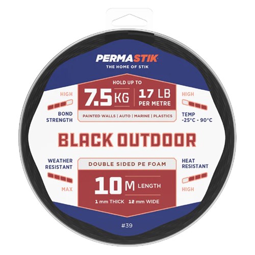 Permastik #39 Double Sided PE Foam Tape, Outdoor Mounting Black, 10m Length, 1mm Thick, 12mm Wide, Holds up to 7.5kg - Theodist