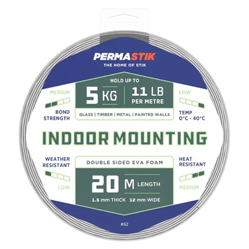 Permastik #52 Double Sided EVA Foam Tape, Indoor Mounting, 20m Length, 1.5mm Thick, 12mm Wide, Holds up to 5kg - Theodist