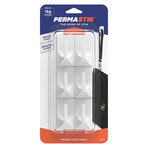 Permastik #845 Medium Utility Hooks, 6 Hooks, 6 Strips, Holds 1kg Strong - Theodist