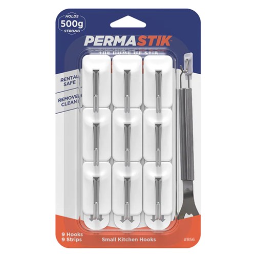 Permastik #856 Small Kitchen Hooks, 9 Hooks, 9 Strips, Holds 500g Strong - Theodist