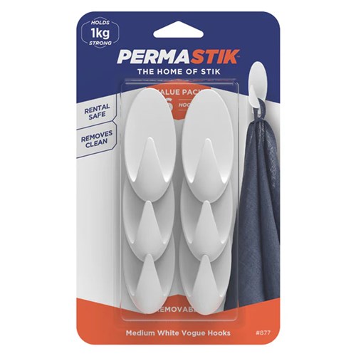 Permastik #877 Medium White Vogue Hooks, 6 Hooks, Holds 1kg Strong - Theodist