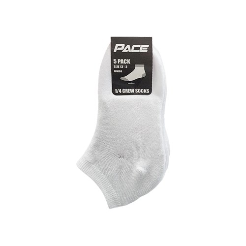 Pace 1/4 Crew Socks Sizes 13-3, 2-8, 6-10, White, 5 Pack - Theodist