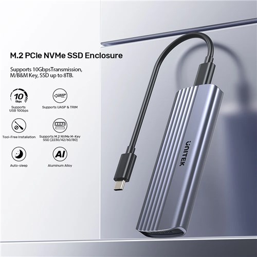 Unitek S1241B01 USB-C to NVMe M.2 SSD Enclosure 10Gbps, Support up to 8TB_1 - Theodist