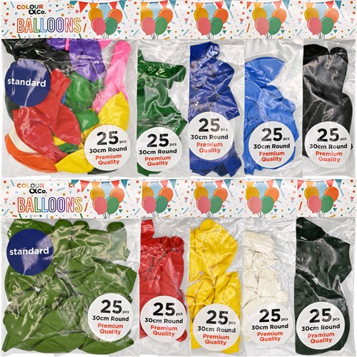 Colour & Co. SB2530 Standard Balloons, 25 Pcs, 30cm Round, Premium Quality - Theodist