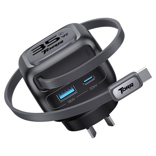 Torq TQ251 Multi-Port USB Charger, Retractable USB-C Cable, 35W, GaN - Theodist