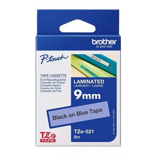 TZE521 - Brother TZe-521 Labelling Tape Black on Blue 9mmx8m - Theodist