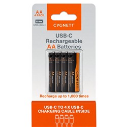 Cygnett AA USB-C Rechargeable Battery, 4-Pack, CY5875CCCRB - Theodist