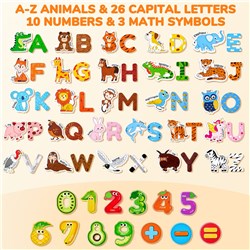 Joycat Magnetic Wooden Animals, 26 Letters, 10 Numbers, 3 Math Symbols Set (65 Pcs) - Theodist