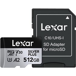 Lexar Micro SDXC UHS-I 512GB Silver Plus Memory Card V30 205MBsR 150MBs + SD Adapter, 843367135356 - Theodist