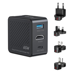Unitek P1242ABK01 Travel Tri Pro 65W 3-in-1 GaN Wall Charger USB-A, HDMI, USB-C, 4K@60Hz - Theodist