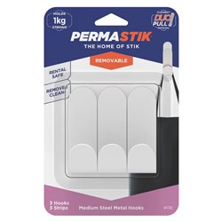 Permastik #136 Medium Steel Metal Hooks, 3 Hooks, 3 Strips, Holds 1kg Strong, Cleanest Duo Pull Removal - Theodist