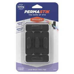 Permastik #178 Large Black Cable Clips, 5 Clips, 5 Strips, Holds 500g Strong - Theodist