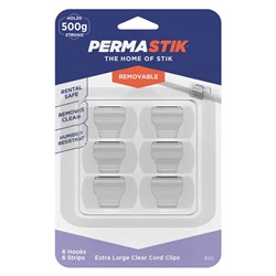 Permastik #20 Large Clear Cord Clips, 6 Hooks, 6 Strips, Holds 500g Strong - Theodist