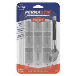 Permastik #858 Small Clear Kitchen Hooks, 9 Hooks, 9 Strips, Holds 500g Strong - Theodist