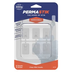 Permastik #876 Clear Mini Hooks, 12 Hooks, 12 Strips, Holds 300g Strong - Theodist