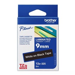 Brother TZe-325 Labelling Tape, White on Black, 9mmx8m - Theodist