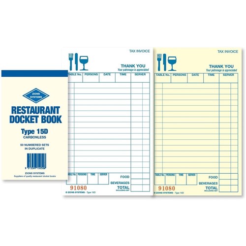  Zions Systems Restaurant Docket Book Type 15D Carbonless Tax Invoice - Theodist