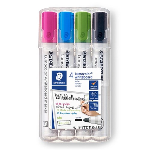 Staedtler 351 Lumocolor Whiteboard Marker Bullet Tip 2mm Assorted Wallet of 4