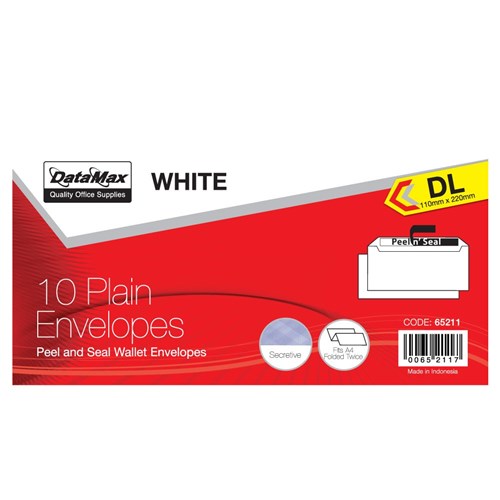 DataMax 65211 DL Plain White Envelopes 110x220mm 10 Pack Theodist