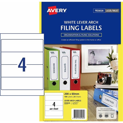Avery 959035 100 Filing Labels 25 Sheets White Lever Arch 200x60mm - Theodist