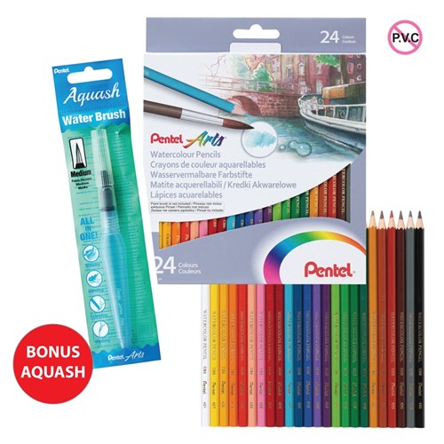 Pentel Watercolour Pencils 24 Pack YCB9-24 with Bonus Aquash Water Brush